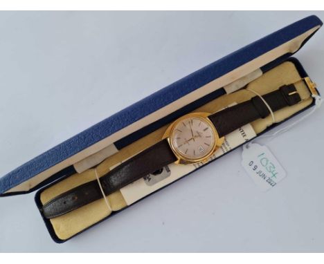 A good gents Omega wrist watch with seconds sweep and date aperture and leather strap 