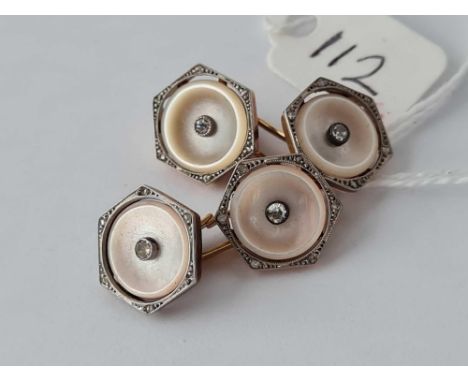 A PAIR OF 18CT GOLD AND PLATINUM DIAMOND SET M O P CUFFLINKS - 8.9 GMS 