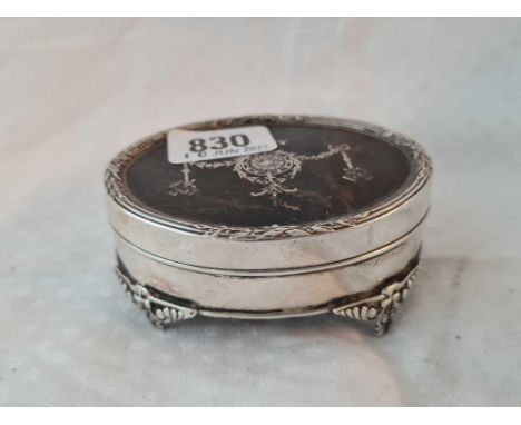 Oval jewellery box with pique cover and bracket feet. 3.5 inch wide. London 1927