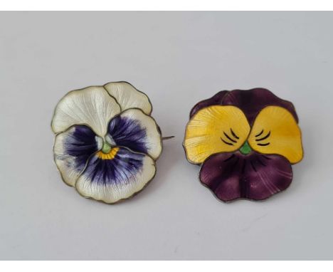 A silver enamel pansy brooch B'ham 1917 pin missing and Scandinavian silver enamel pansy brooch 