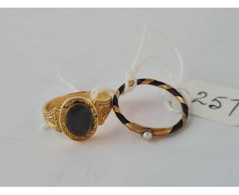 A 19th century high carat memorial ring and gold and pearl set memorial ring sizes K &amp; N 