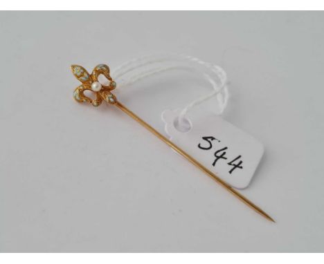 A turquoise &amp; pearl 14ct gold fleur de lys stick pin 1.5g inc