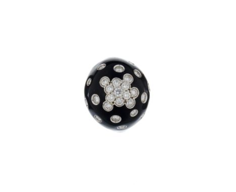 A black enamel and diamond bombe ring, the black enamel mount inset with brilliant cut diamonds, approximate total diamond we