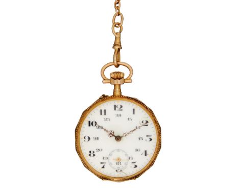 An 18 carat gold keyless wind open face pocket watch, no. 93924, cylinder movement, oversprung three armed domed balance, whi