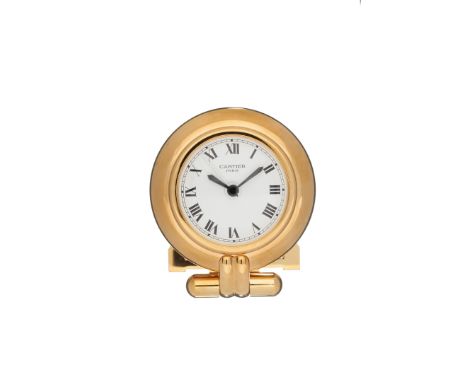 Must de Cartier, a gilt metal desk alarm clock, no. 0500448, circa 1990, alarm movement, white dial, Roman numerals, sword ha