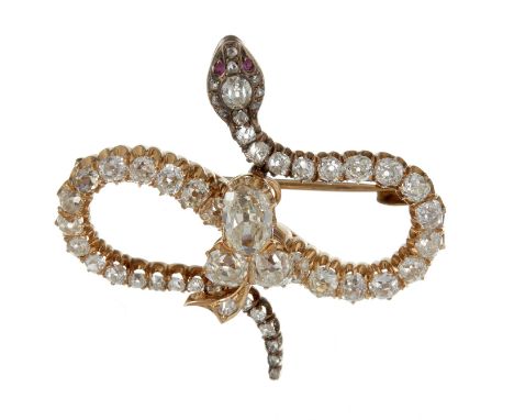 A late 19th century diamond serpent brooch, the writhing serpent set throughout with old brilliant cut, old cut and rose cut 