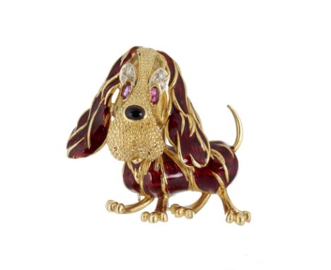 An enamel, ruby and diamond dog brooch by Frascarolo, designed as a caricature dachshund, with russet brown enamel coat, oval