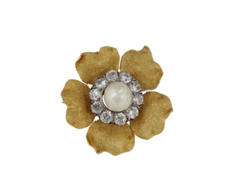 A natural pearl and diamond brooch, the central 9mm natural pearl set above a surround of old brilliant cut diamonds, approxi