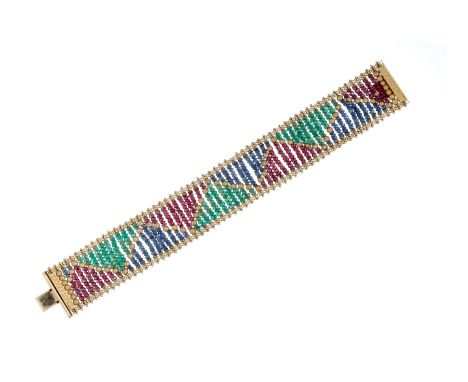 A ruby, emerald and sapphire bead bracelet, composed of triangular sections of ruby, emerald and sapphire beads, with gold co