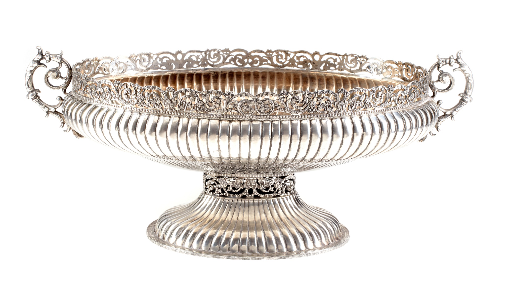 A European silver coloured twin handled oval pedestal bowl, probably ...