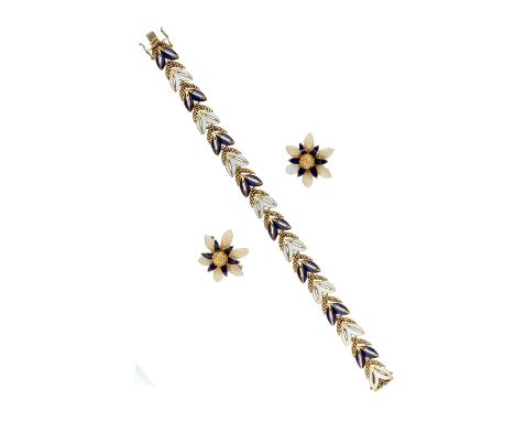 An enamel bracelet and brooches suite, the bracelet composed of foliate links of blue and white enamel, with textured yellow 