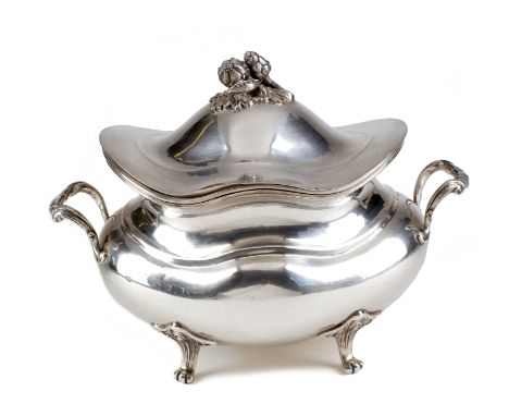 An Italian silver coloured oval baluster soup tureen and cover, circa 1950, .800 standard, with a foliate finial to the domed