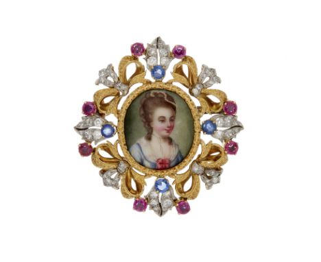 A ruby, sapphire, diamond and enamel brooch by Cazzaniga, the central enamel plaque depicting a lady in 18th century costume,