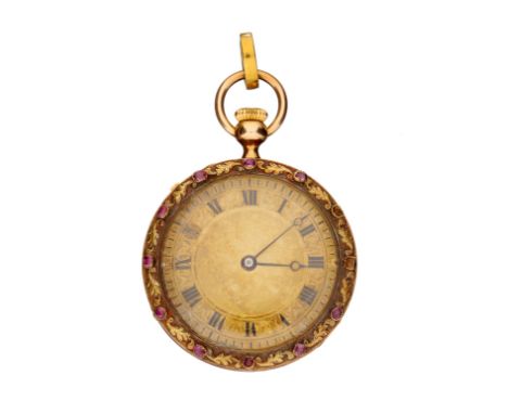 An 18 carat gold and ruby keyless wind open face pocket watch, no. 3 136, Swiss bar movement, 15 jewels. Bimetallic split bal