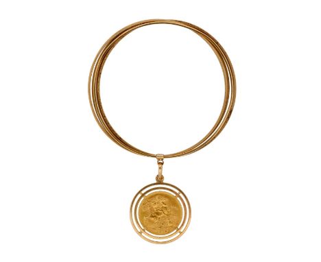 George V, Sovereign, 1918, Perth Mint, on a five strand bangle, the sovereign loose mounted in a pendant mount, attached to f