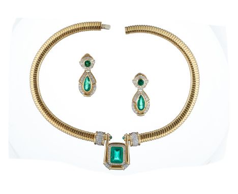 A 1960s emerald and diamond collar necklace by Carlo Weingrill and a pair of emerald and diamond earrings, the collar central