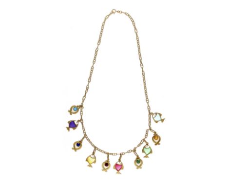 An enamel charm necklace, the anchor link chain set with ten coloured enamel stylised fish charms, the chain stamped 750 with