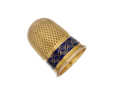 A 19th century French gold thimble, the frieze with a blue enamel lozenge band, 2cm (3/4in) high, 4.2g