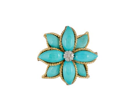 A turquoise and diamond dress ring, designed as a flower head cluster, set with turquoise cabochon petals around a brilliant 