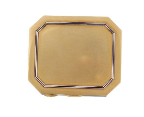 A yellow gold coloured powder compact, the slightly frost textured lid with blue enamel decoration, stamped 750, 7cm x 6cm, 1