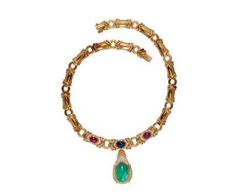 A ruby, sapphire and diamond collar by Bulgari, with a later emerald and diamond drop mounted by Bulgari, the central three p