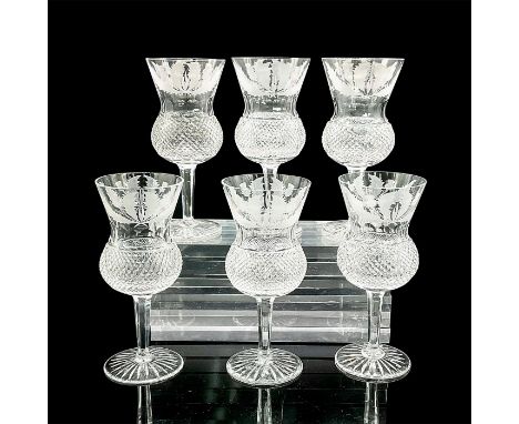 Stunning stemmed glasses with frosted thistle design and wrapped diamond cut pattern to bodies. Edinburgh Crystal acid mark t