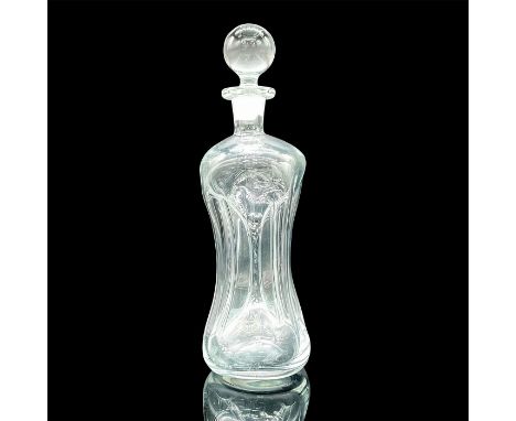 Translucent abstract vessel with round stopper. Kastrup Holmegaard sticker on the side. Dimensions: 4.5"L x 4.5"W x 13"HManuf