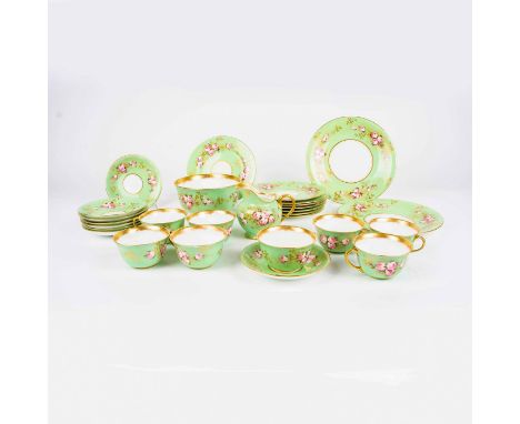 Early hand painted tea set grouping for 8 includes the following:2 Serving plates - 9"Open Sugar / Bowl - 3.25" X 6"Cream Pit