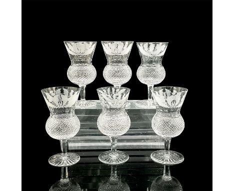 Stunning stemmed glasses with frosted thistle design and wrapped diamond cut pattern to bodies. Edinburgh Crystal acid mark t