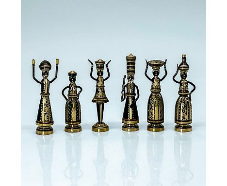 A collection of six Israeli miniature patinated brass figurines by Hans Teppich. The figurines depict Biblical people, Rachel