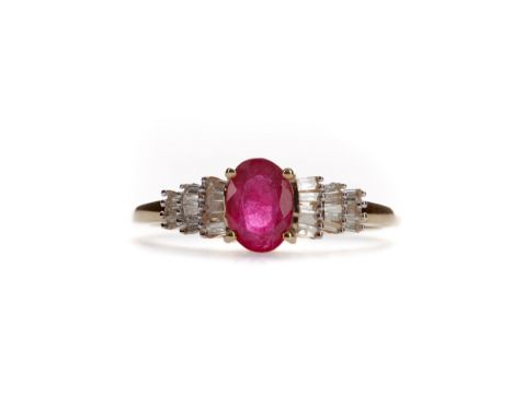 RUBY AND DIAMOND RING, set with an oval ruby, on tiered diamond set shoulders, marked 9K, size O, 2g