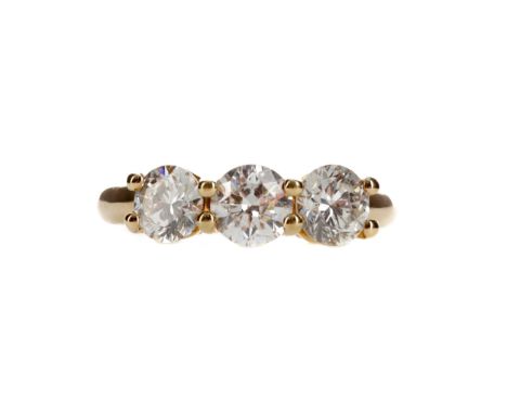 DIAMOND THREE STONE RING, with round brilliant cut diamonds totalling approximately 1.80 carats, in eighteen carat gold, size