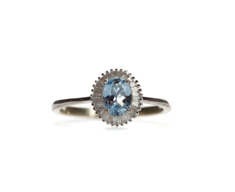 AQUAMARINE AND DIAMOND RING, set with an oval aquamarine within a halo of baguette cut diamonds totalling approximately 0.50 