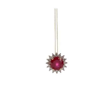 RUBY AND DIAMOND PENDANT, set with a central round ruby within a halo of round brilliant cut diamonds totalling approximately