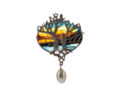 PLIQUE A JOUR TREE OF LIFE BROOCH, of oval form, with blue, orange and yellow enamel and suspended pearl, 30mm wide, marked 9