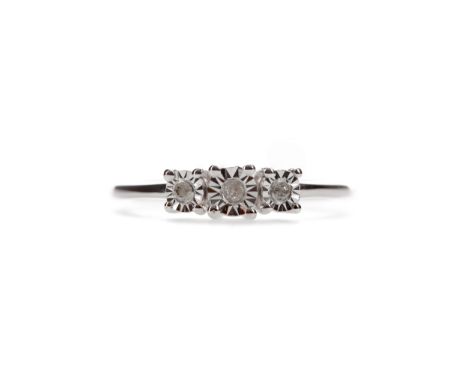 DIAMOND THREE STONE RING, with three illusion set diamonds totalling approximately 0.08 carats, marked 925, size M, 1.8g