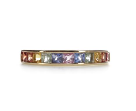 MULTICOLOURED SAPPHIRE RING, set with red, orange, yellow, green, blue and pink sapphires, marked 9K, size N, 2.1g