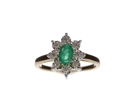 EMERALD AND DIAMOND CLUSTER RING, set with an oval emerald of approximately 0.43 carats, within a halo of illusion set diamon