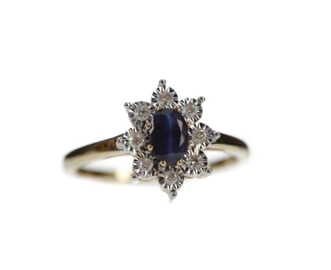 SAPPHIRE AND DIAMOND CLUSTER RING, set with an oval sapphire of approximately 0.66 carats within an illusion set diamond halo