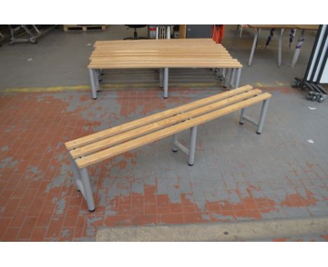 A modern bench frame raised on tubular frame with triple plank top, length 200cm.