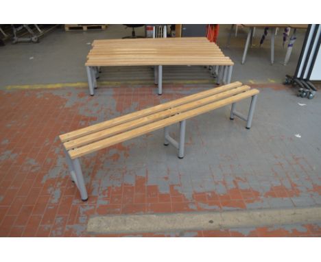 A modern bench frame raised on tubular frame with triple plank top, length 200cm.