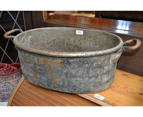 Railway interest - an R Price Limited L.M.S Dinning Car copper and brass twin handled oval cooking pot, impressed marks