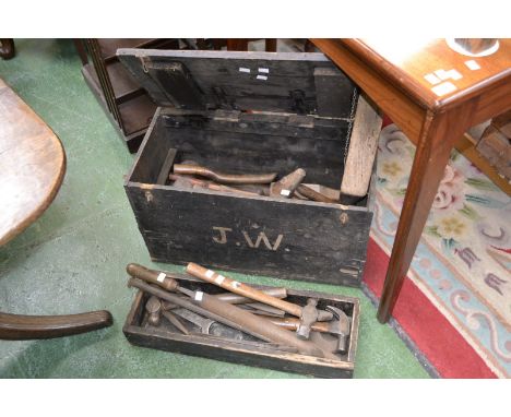 A pine tool box containing a selection of carpenters mallets; another wooden box containing files, hammers, wrench, etc.; a f