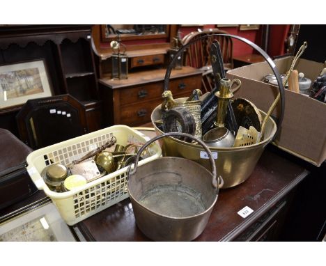 A large brass jam pan;  another, smaller;  brass candlestick; horse brasses; cast iron;etc qty