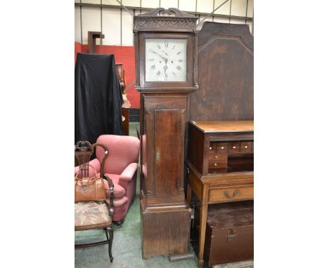 An Irish elm and oak longcase clock, fretted cresting to hood, fluted columns, modillion cornice and carved frieze, 30.5cm sq