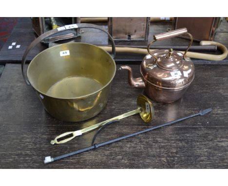 A large brass jam pan and ladle spoon;  a copper kettle etc (4) 