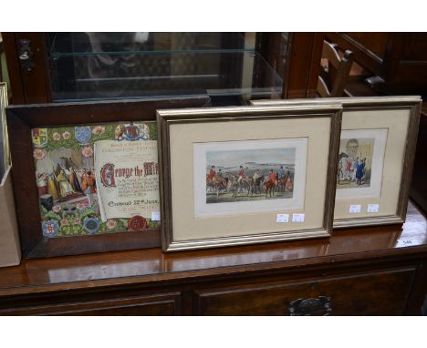 Prints and Pictures; a Jorrocks Hunting print, hand tinted; another; an engraving of Derby; Newstead Abbey; others, framed (6