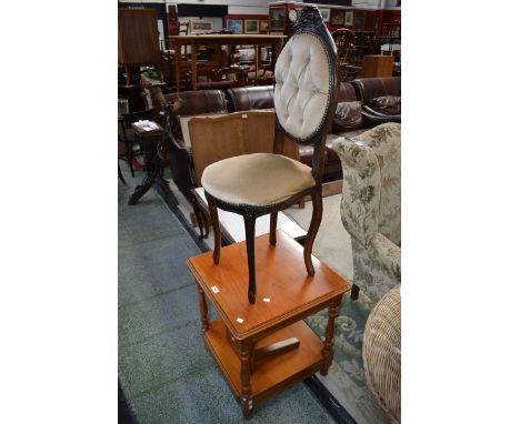 A small oak footstool, a reproduction bedroom chair, and a teak occasional table; a beech effect bookcase (4)