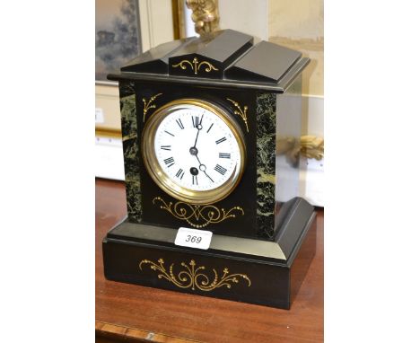  A late 18th century belge noir and green marble architectural form mantle clock, with key and pendulum   