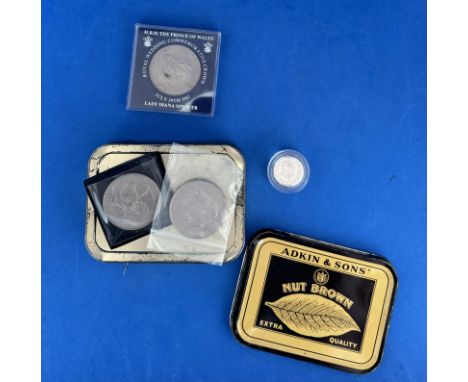 Coin Collection 4 coins, Winston Churchill One Pound Coin in display case, H.R.H The Prince of Wales and Lady Diana Spencer 1